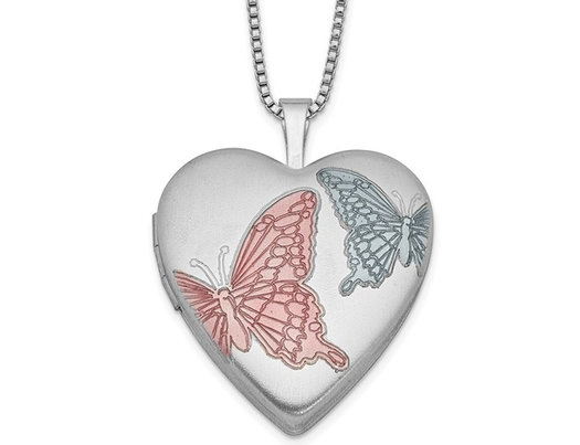 Sterling Silver Floating Butterflies Heart Locket Pendant with Chain