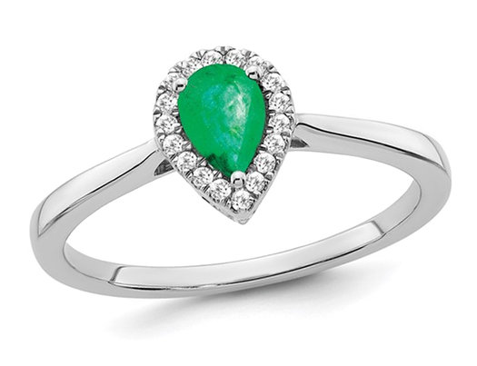 1/2 Carat (ctw) Emerald Teardrop Ring in 14K White Gold with Diamonds