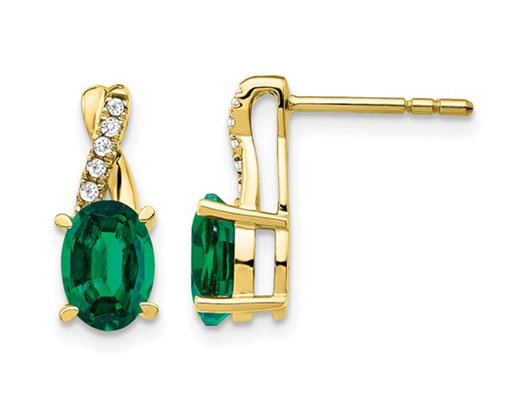 1.50 Carat (ctw) Lab-Created Emerald Earrings in 10K Yellow Gold with Accent Diamonds