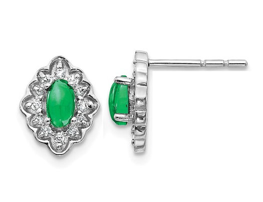 2/3 Carat (ctw) Cabochon Emerald Halo Solitaire Earrings in 14K White Gold with Diamonds