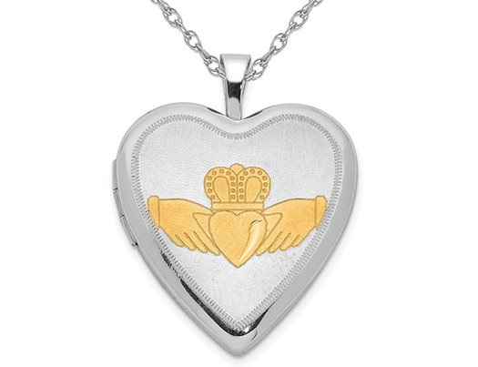 Sterling Silver Claddagh Heart Locket Pendant Necklace with Chain