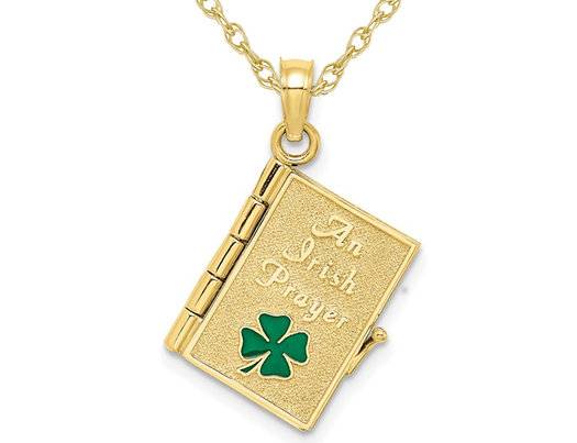 10K Yellow Gold Irish Prayer Book with Clover Charm Pendant Necklace with Chain