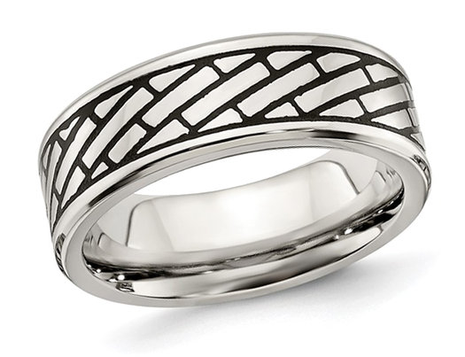 Men's Stainless Steel 7.5mm Antiqued & Polished Brick Band Ring