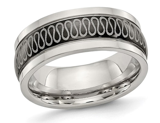 Men's Stainless Steel Black Plated 8mm Swirl Band Ring