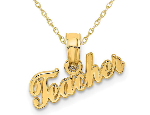 14K Yellow Gold #1 TEACHER Charm Pendant Necklace with Chain