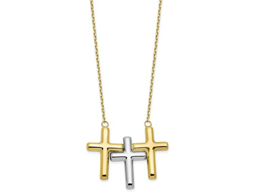 10K Yellow and White Gold Polished 3-Cross Necklace