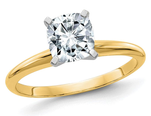 1.80 Carat (ctw 2.00 Ct. look, Color D-E-F) Cushion-Cut Synthetic Moissanite Solitaire Engagement Ring 14K Yellow Gold