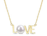 7-7.5MM Freshwater Cultured Pearl LOVE Pendant Necklace in10K Yellow Gold with Chain