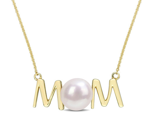 7-7.5MM Freshwater Cultured Pearl MOM Pendant Necklace in 10K Yellow Gold with Chain