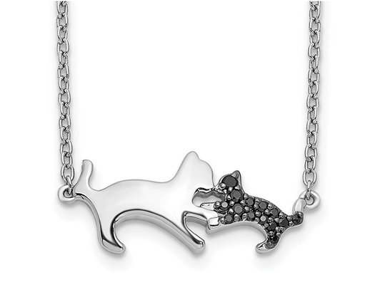 Mother and Baby Kitten Charm Necklace in 14K White Gold with Black Diamonds Accents