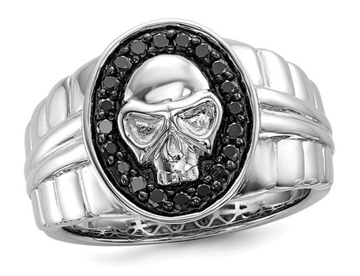 Men's Black Diamond 2/5 Carat (ctw) Polished Skull Ring in Sterling Silver