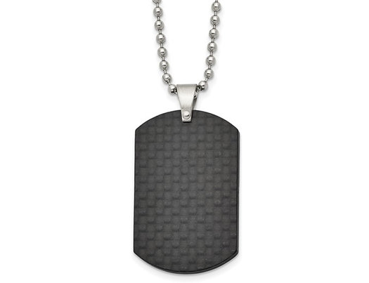 Men's Black Carbon Fiber Dog Tag Pendant Necklace in Stainless Steel with Chain