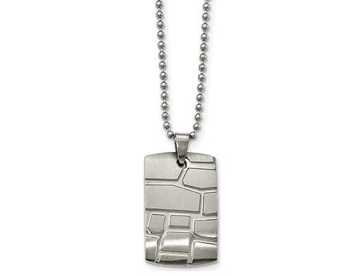 Mens Stainless Steel Patterned Dogtag Pendant Necklace with Chain (22 Inches)