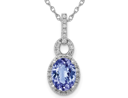 9/10 Carat (ctw) Tanzanite Oval Halo Pendant Necklace in 14K White Gold with Chain with Diamonds
