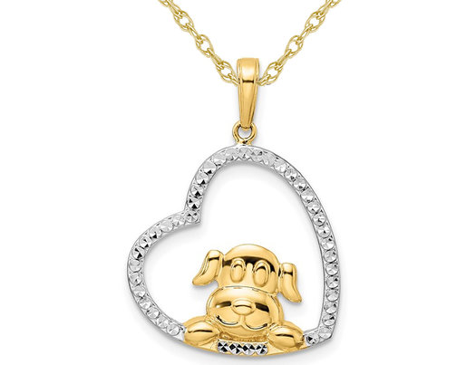 14K White & Yellow Gold Diamond-Cut Heart Puppy Pendant Necklace with Chain