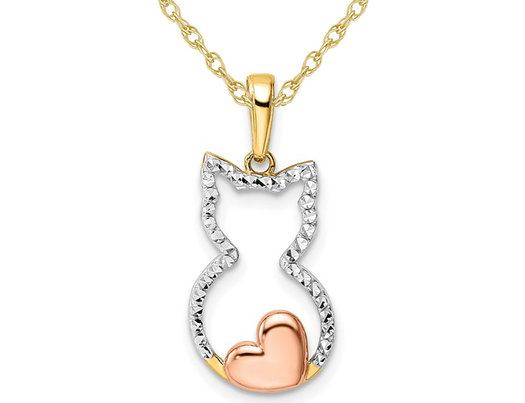 14K White Rose Pink Gold Diamond-Cut Heart Cat Pendant Necklace with Chain