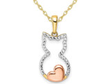 14K White Rose Pink Gold Diamond-Cut Heart Cat Pendant Necklace with Chain