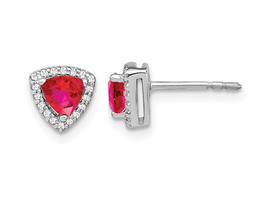 4/5 Carat (ctw) Trillion-Cut Ruby Earrings in 14K White Gold with Diamonds 1/8 Carat (ctw)
