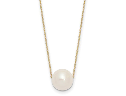 10-11mm White Freshwater Cultured Pearl Solitaire Necklace with 14K Gold Chain