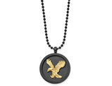 Black Stainless Steel Disc Charm with Gold Plated Eagle and 24 Inch Chain 