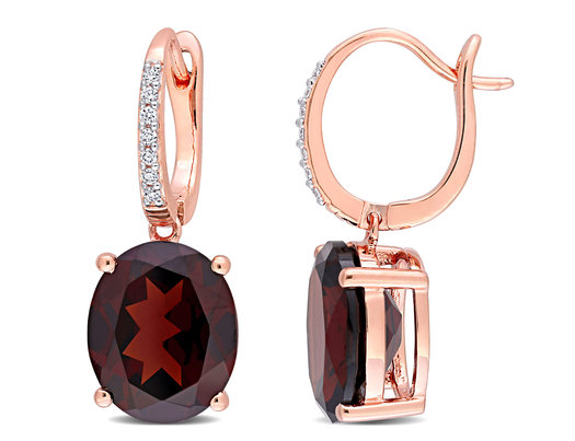 9.60 Carat (ctw) Garnet Drop Leverback Earrings in 14K Rose Pink Gold with Diamonds