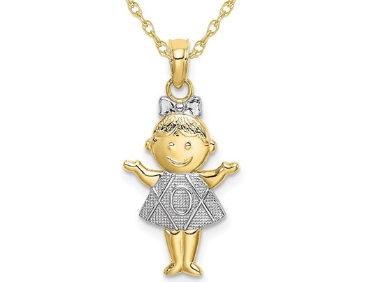 10K Yellow Gold Polished Textured Girl Charm Pendant Necklace with Chain