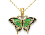 Green Butterfly Charm Pendant Necklace in 10K Yellow Gold with Chain