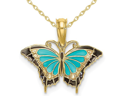 Aqua Butterfly Charm Pendant Necklace in 10K Yellow Gold with Chain