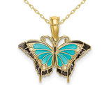 Aqua Butterfly Charm Pendant Necklace in 10K Yellow Gold with Chain