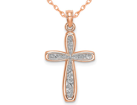 10K Rose Pink Gold Filigree Cross Pendant Necklace with Chain