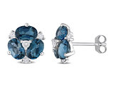 3.00 Carat (ctw) London Blue Topaz Flower Button Earrings in 14K White Gold with Diamonds
