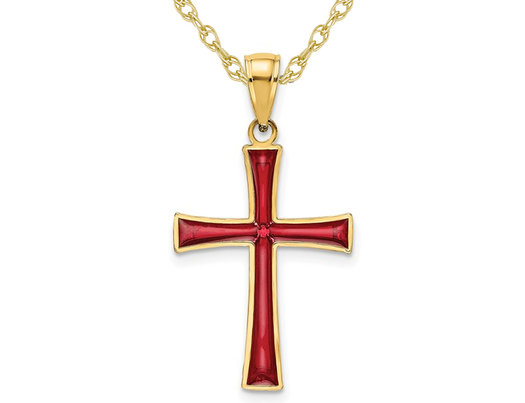 14K Yellow Gold Cross Pendant Necklace with Red Enamel and Chain