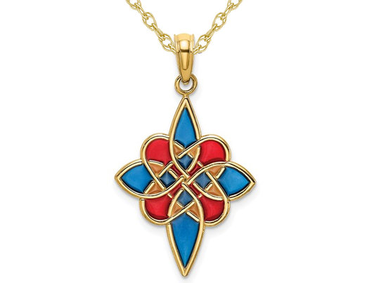 14K Yellow Gold Multi-Color Enameled Celtic Knot Charm Pendant Necklace with Chain