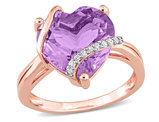 6.50 Carat (ctw) Amethyst Promise Heart Ring in Rose Plated Sterling Silver with Accent Diamonds