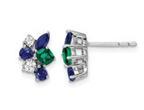 9/10 Carat (ctw) Lab-Created Blue Sapphire and Emerald Cluster Earrings in 14K White Gold with Lab-Grown Diamonds