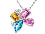 2.14 Carat (ctw) Lab-Created Pink Sapphire, Blue Topaz and Citrine Pendant Necklace in 14K White Gold with Chain