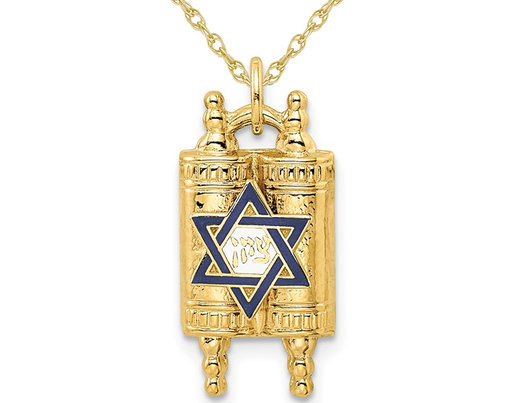 14K Gold Polished Torah Charm Pendant Necklace with Chain