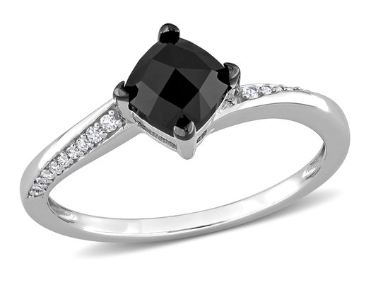 1.00 Carat (ctw) Black Diamond Cushion-Cut Solitaire Engagement Ring in 10k White Gold