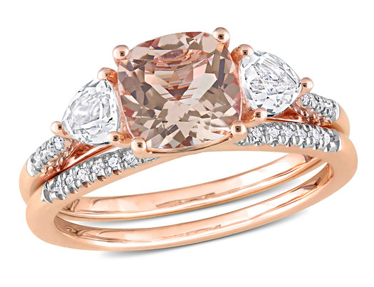 1.65 Carat (ctw) Morganite Bridal Wedding Ring Set in 10K Rose Pink Gold with White Sapphires 
