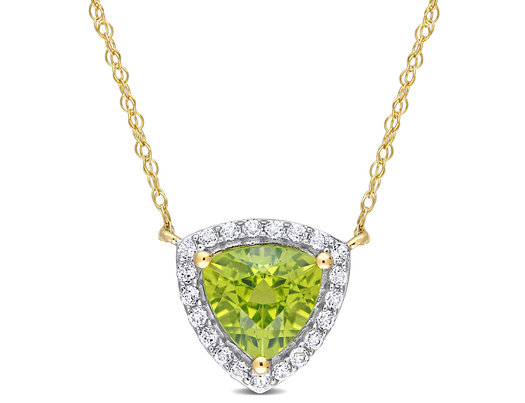 1.50 Carat (ctw) Trillion Peridot Pendant Necklace in 10K Yellow Gold with White Topaz and Chain