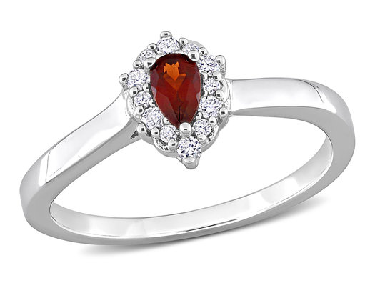 1/4 Carat (ctw) Garnet Drop Ring in Sterling Silver with Halo Diamonds