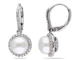 White Freshwater Cultured Pearl 8mm Drop Earrings with Diamonds in Sterling Silver