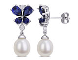 8-8.5mm Cultured Freshwater Pearl and Lab-Created  Blue and White Drop Sapphire Earrings in Sterling Silver