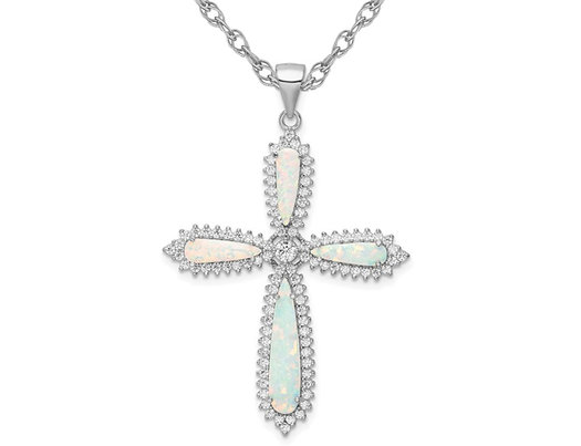 Large Lab-Created Opal Cross Pendant Necklace in Sterling Silver with  Cubic Zirconias and Chain