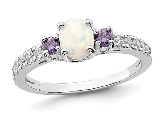Lab-Created Opal with Amethysts Ring in Sterling Silver