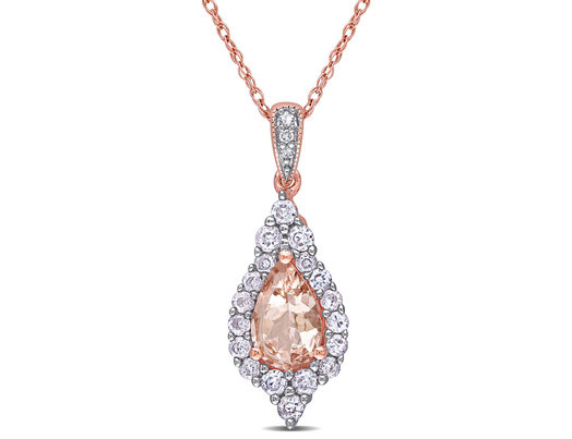 1.10 Carat (ctw) Morganite & White Sapphire Drop Pendant Necklace in 10K Rose Pink Gold with Chain 