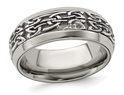 Men's Stainless Steel and Titanium 9mm Pattern Band Ring