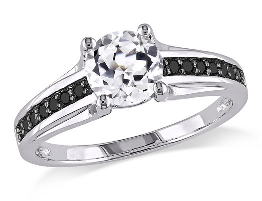 1 3/8 Carat (ctw) Lab-Created White Sapphire Engagement Ring in Sterling Silver with Black Diamonds