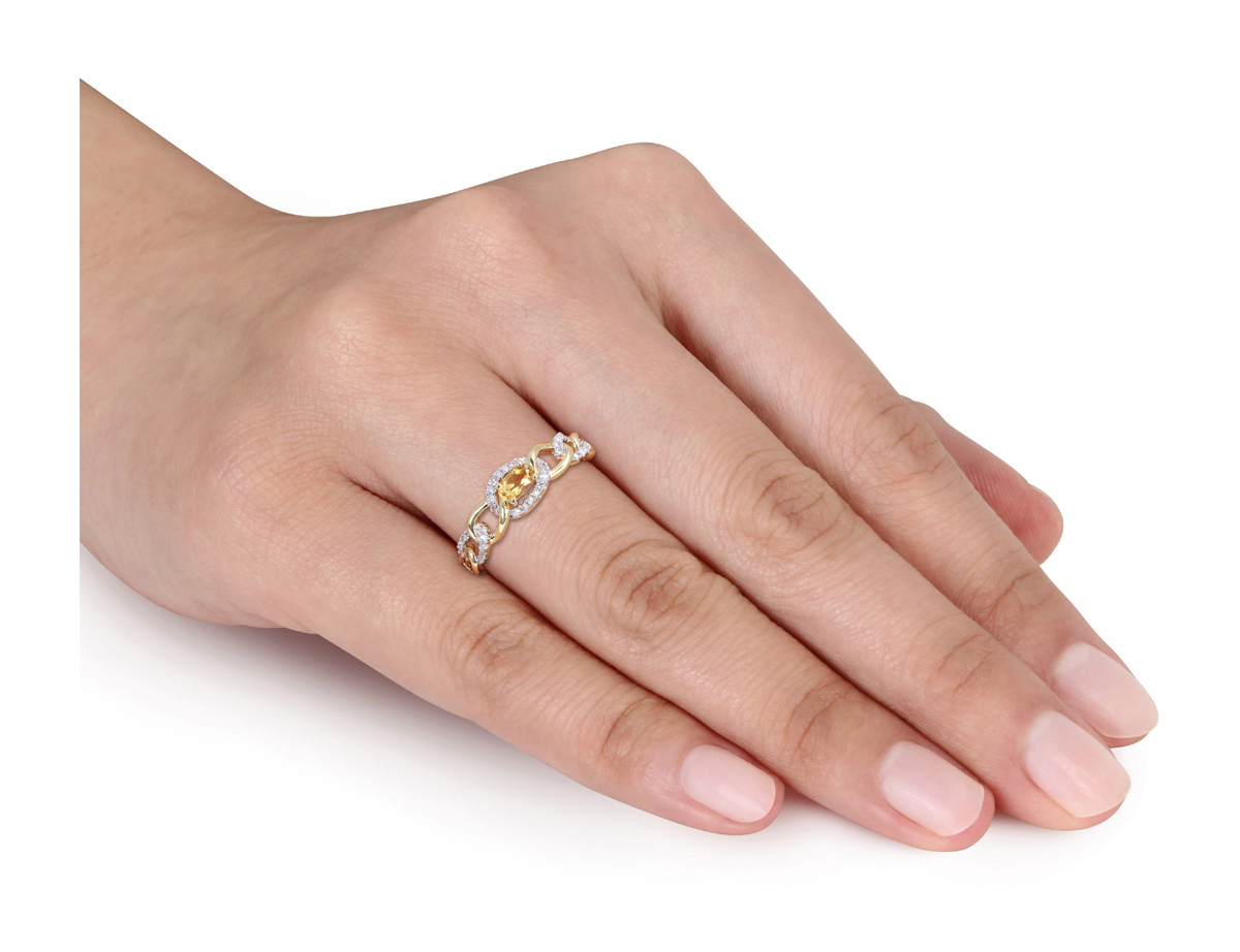 1/4 Carat (ctw) Citrine Link Ring in 10K Yellow Gold with Diamonds - Picture 8 of 12