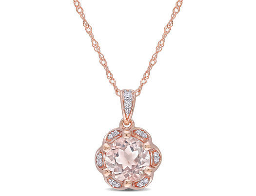1.15 Carat (ctw) Morganite Flower Pendant Necklace in 14K Rose Pink Gold with Diamonds and Chain